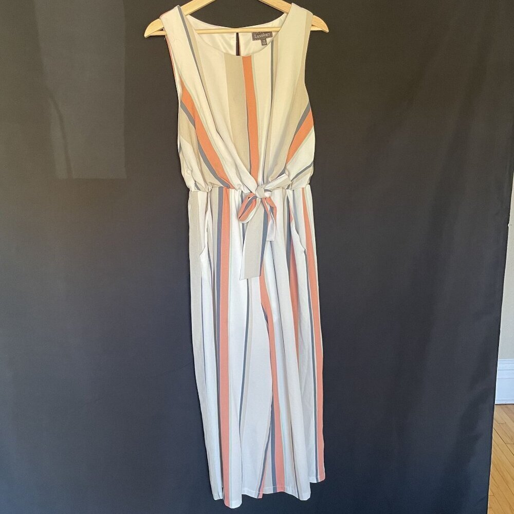 Luxology striped orange cream beige jumpsuit sleeveless pockets size 12 business